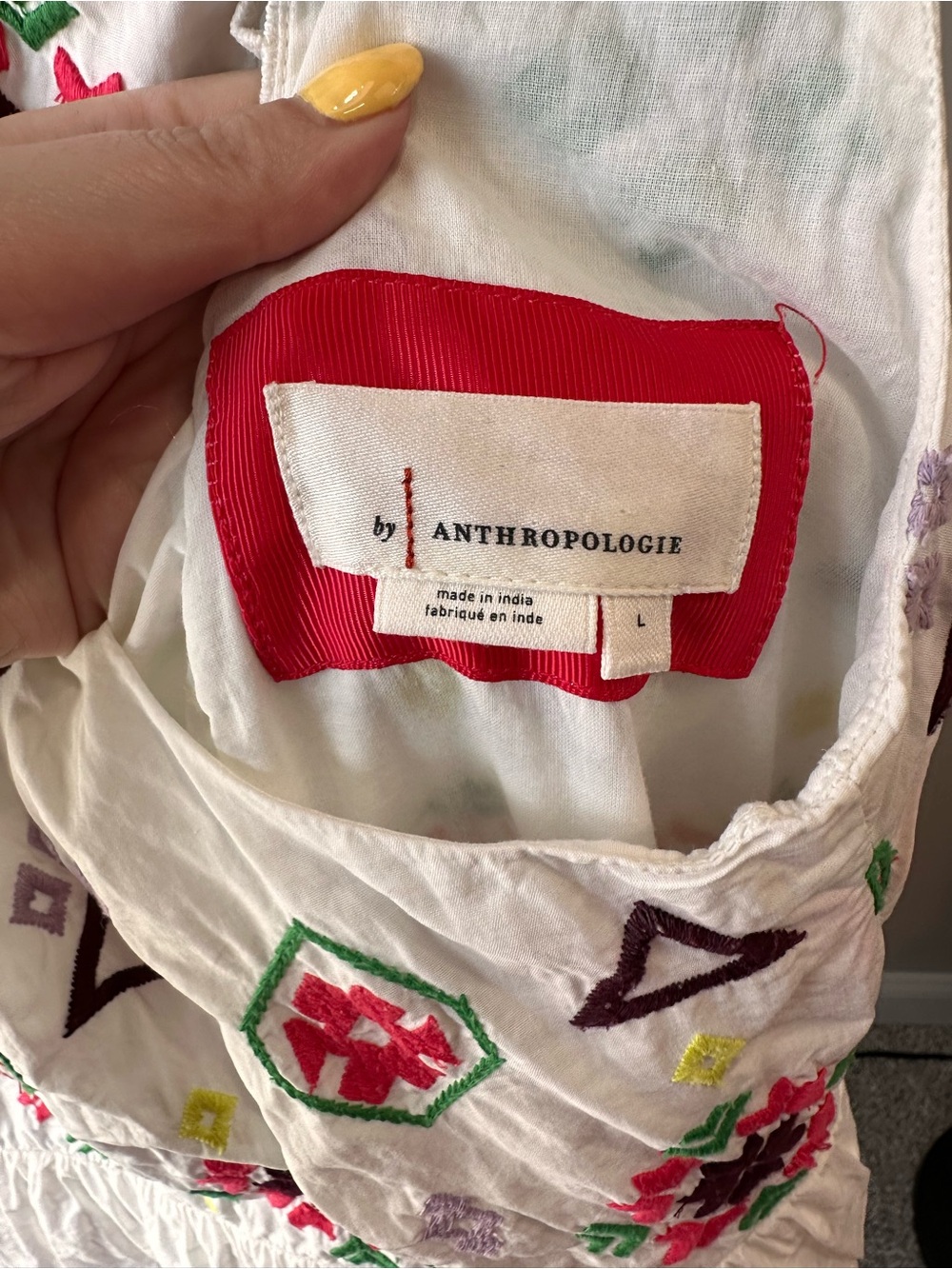 Anthropologie Dolly Geometric Embroidered Cotton Mini Sun Dress Back Button L - Picture 7 of 8